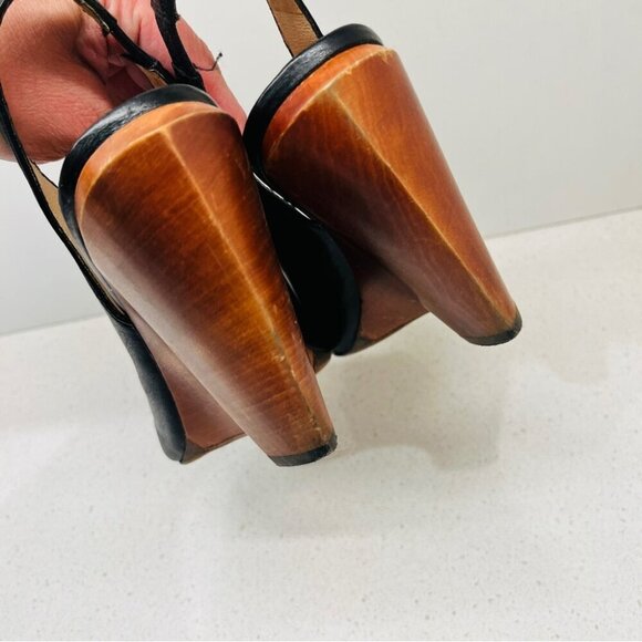 Boutique 9 Lace Up Heels Wood Block Wedge Black Leather Boho Peep Toe Sz 6.5  M - Picture 13 of 14